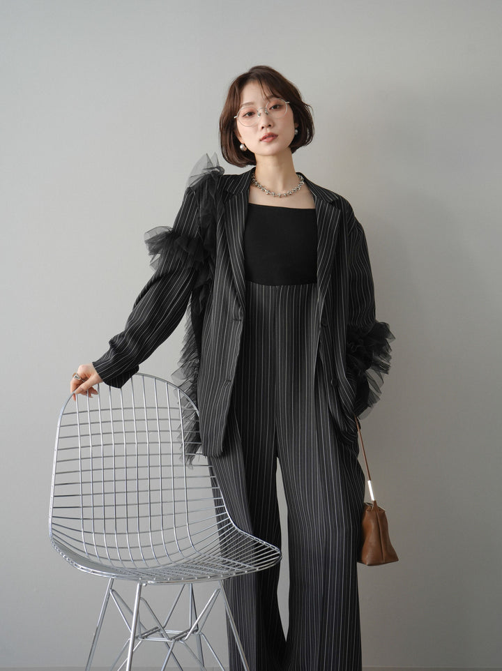 [予約]アシンメトリーチュールストライプジャケット/black