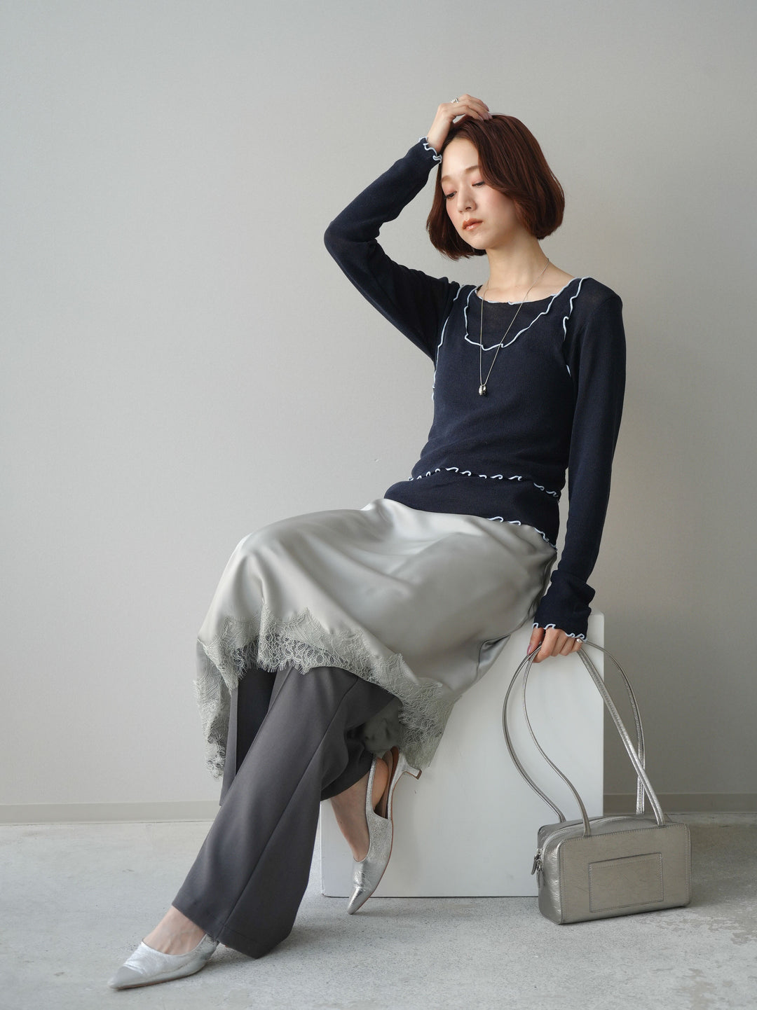 [SET]センターシームフレアパンツ+サテンライクアシメレーススカート(2set)