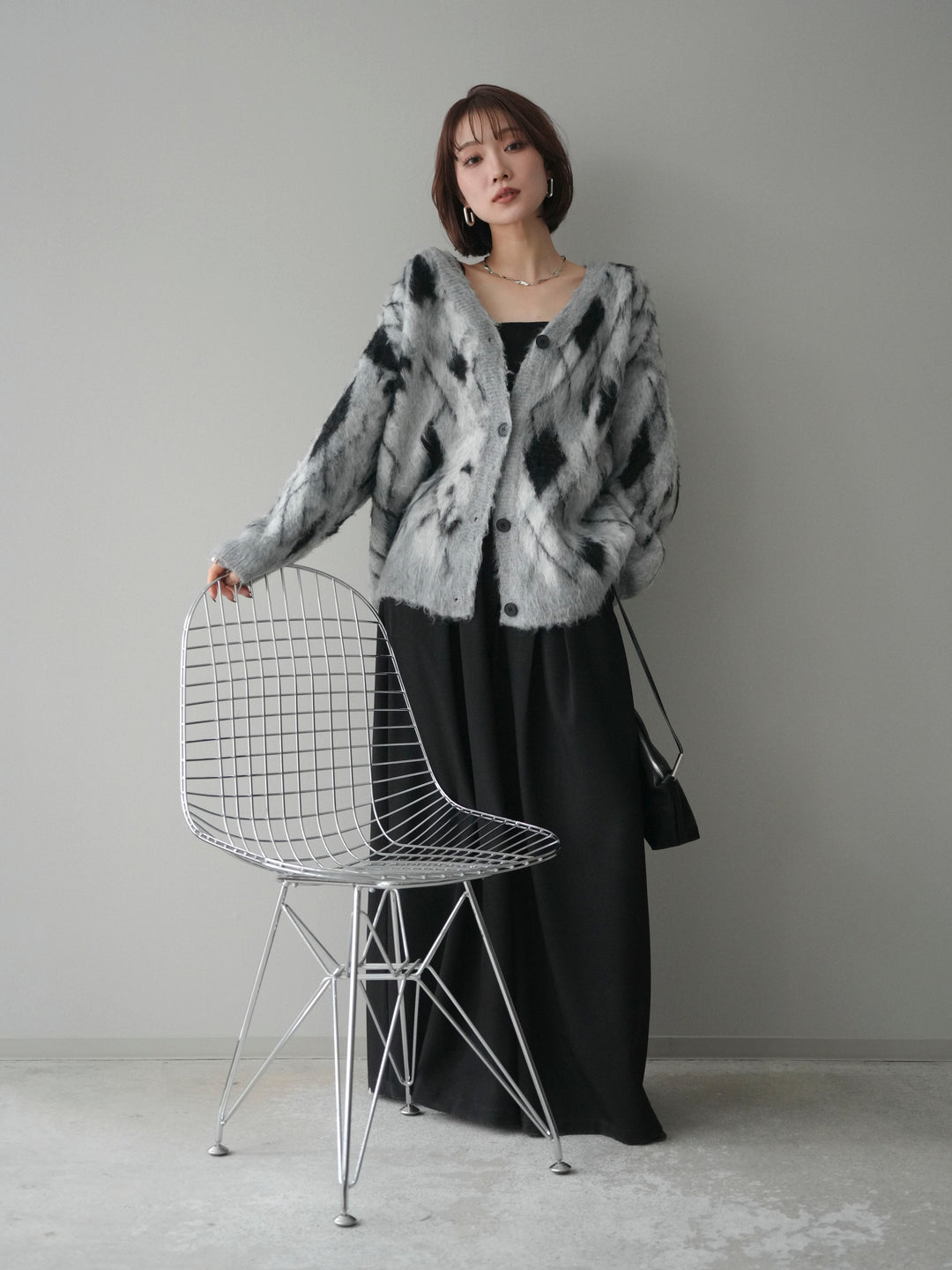 [予約]アーガイル柄シャギーニットカーディガン/gray