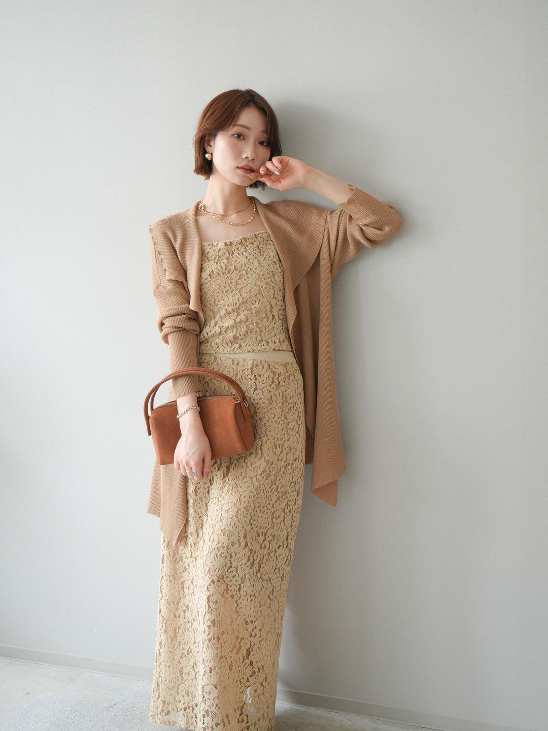 【預購】垂褶羅紋針織長裙 / 米色