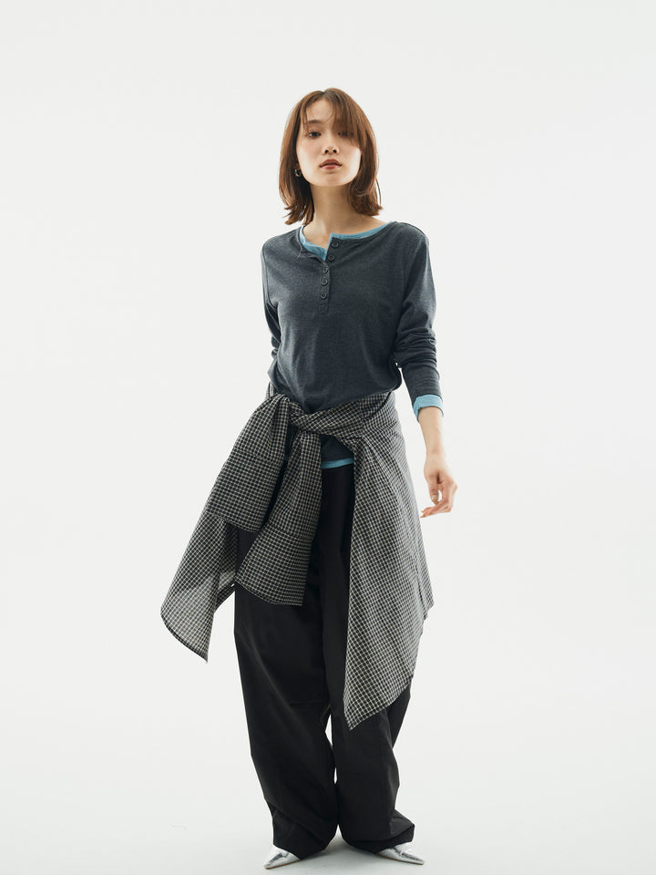 【Allure】[SET]配色レイヤードヘンリーネックトップス+タフタワイドカーブパンツ+チェックBIGカフスオーバーシャツ(3set)