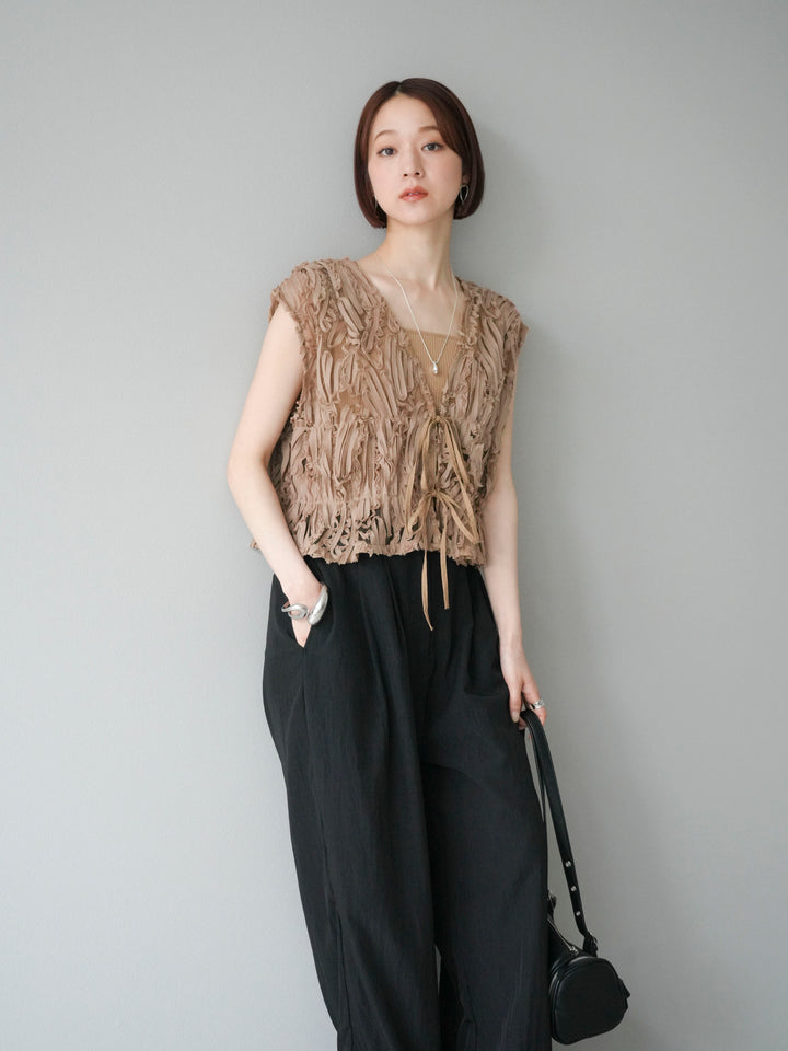 [SET] 提花蕾絲蝴蝶結上衣+麻質下擺迴力寬褲（2件套）