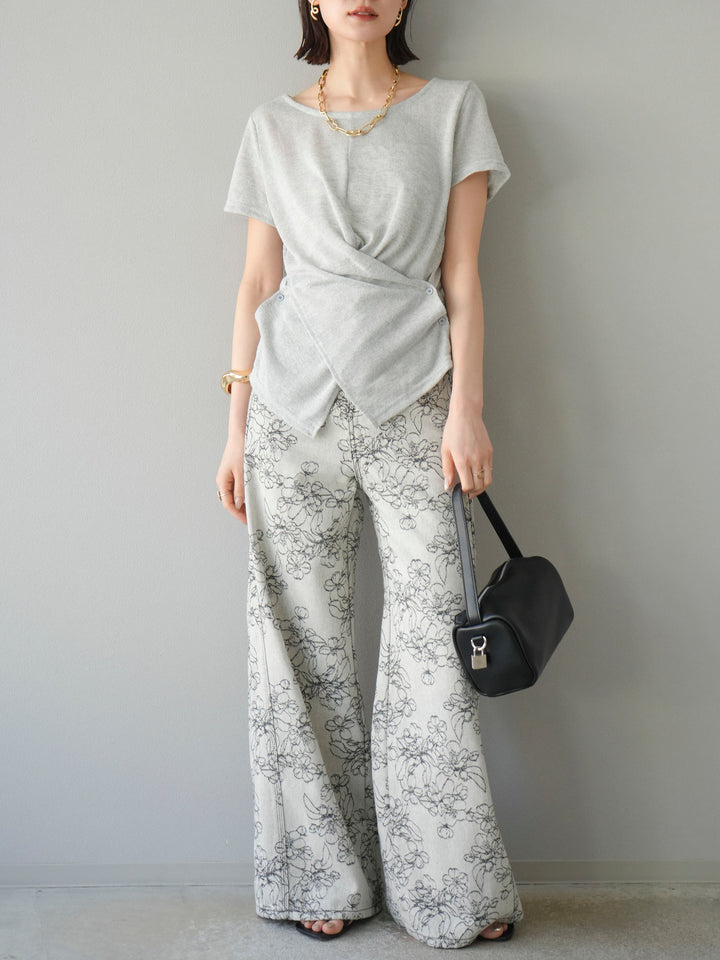 【預購】花朵提花牛仔寬褲/黑