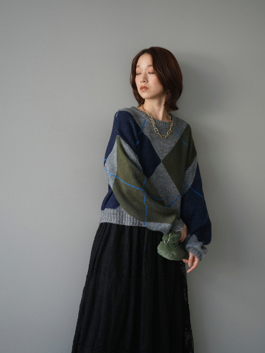 [SET]配色ステッチアーガイル柄ニットプルオーバー+ヴィンテージライクメッシュレーススカート(2set)