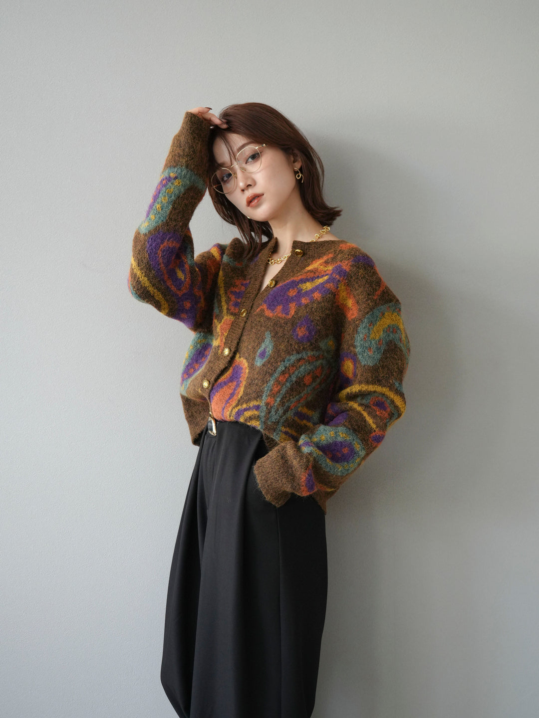 [予約]ミックスヤーンペイズリー柄ニットカーディガン/ブラウン