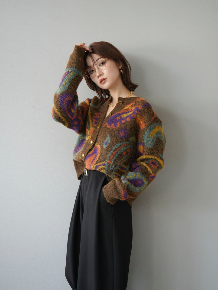 [予約]ミックスヤーンペイズリー柄ニットカーディガン/ブラウン