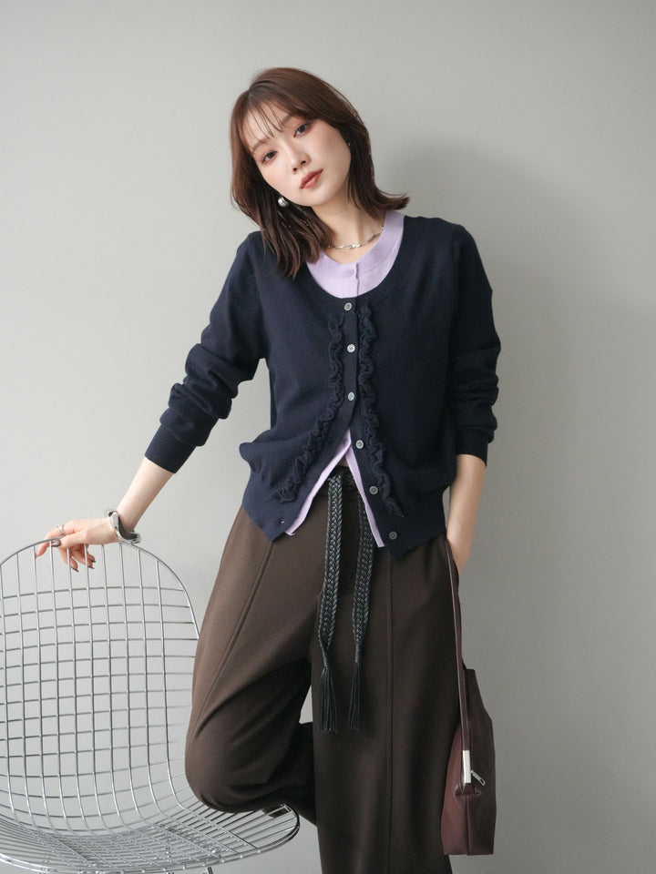 [予約]配色レイヤードフリルデザインニットカーディガン/black