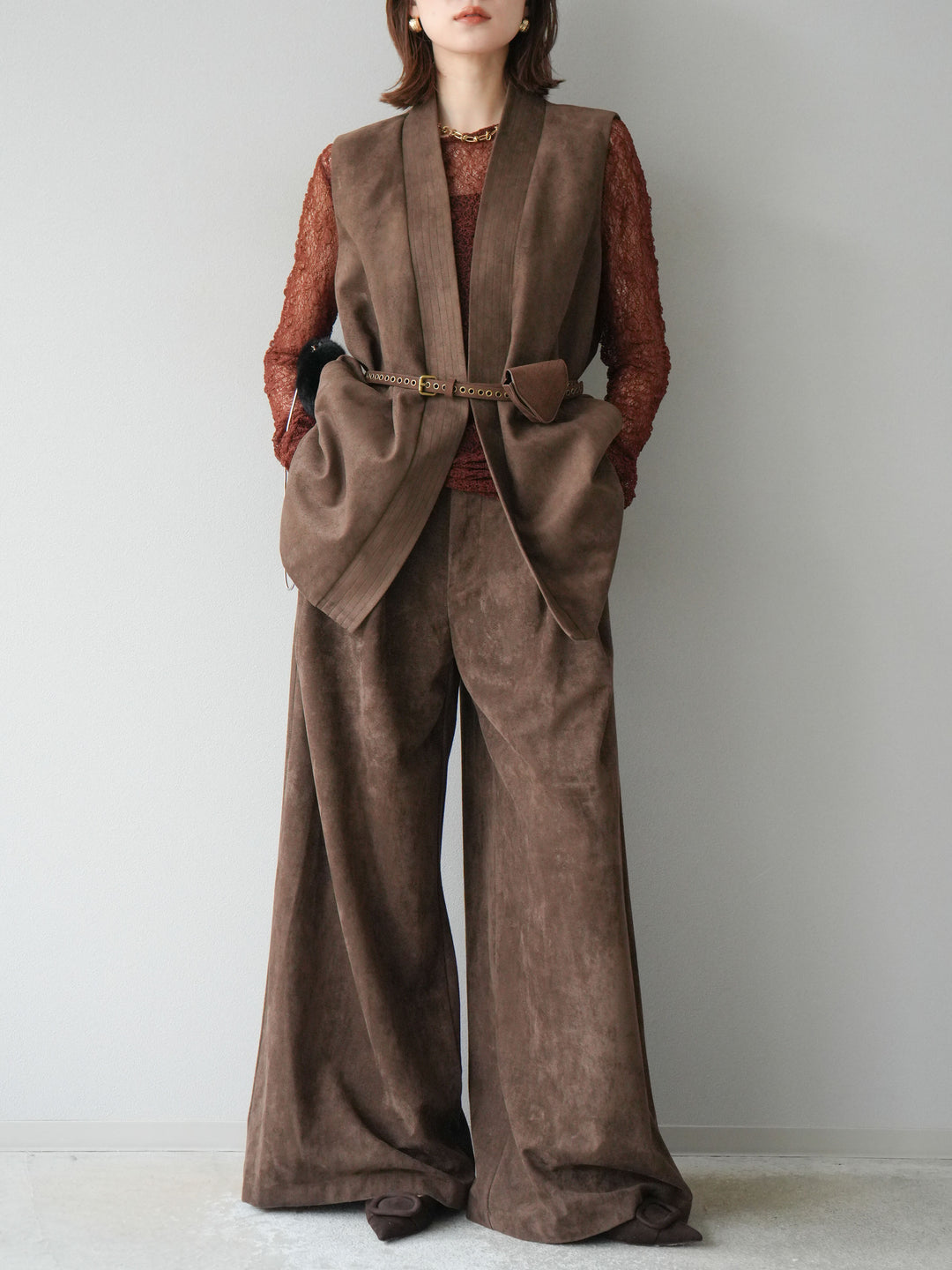 [SET]ポーチベルト付スウェードジレ×パンツSET UP(2set)