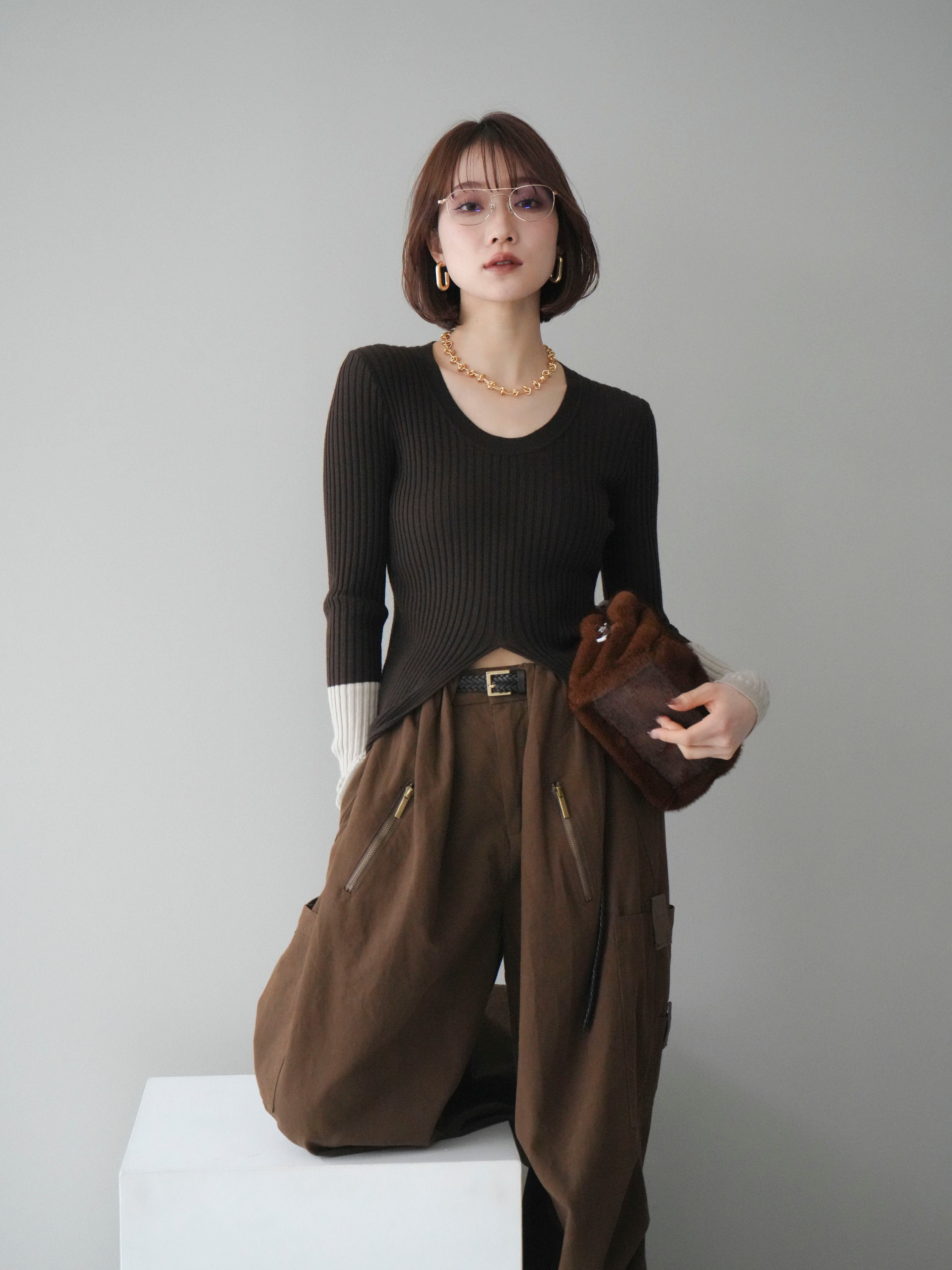 予約]袖配色ランダムリブフロントスリットニットトップス/brown – Lumier