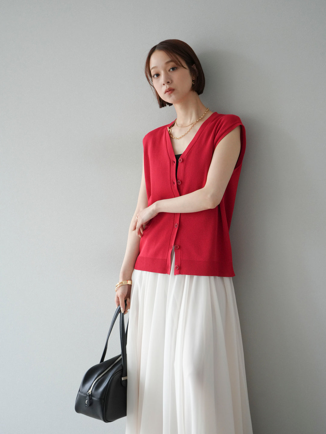 [SET] V領人造絲針織背心+雪紡喇叭裙（2件組）