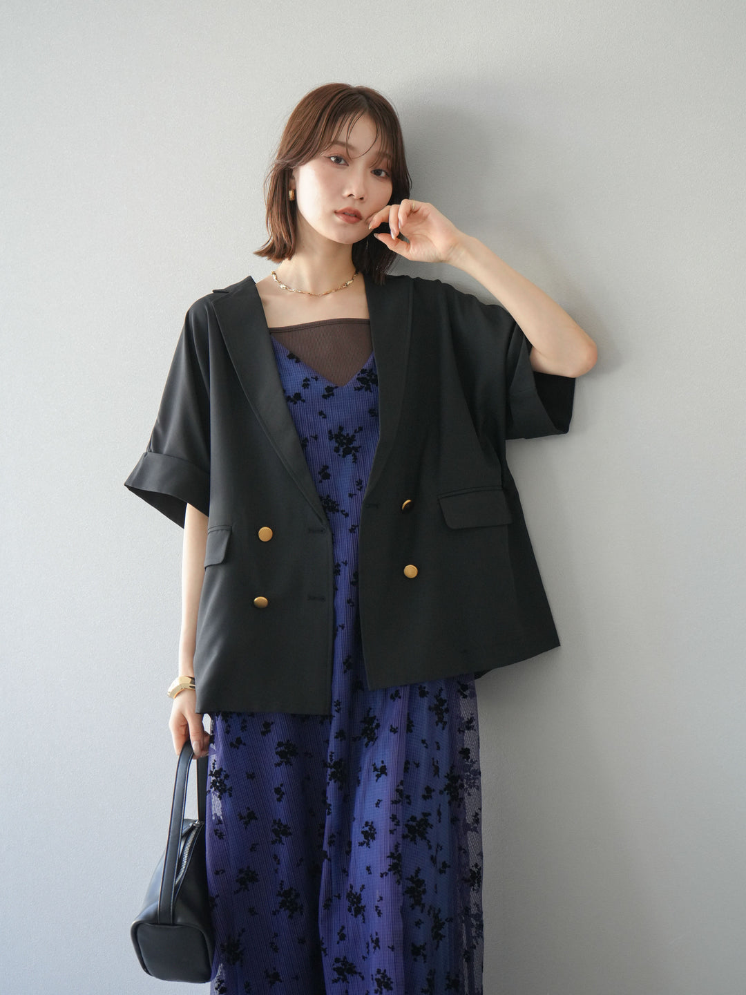 [套裝] 植絨薄紗層疊天鵝絨吊帶連身裙 + 金色紐帶半夾克 (2 套)