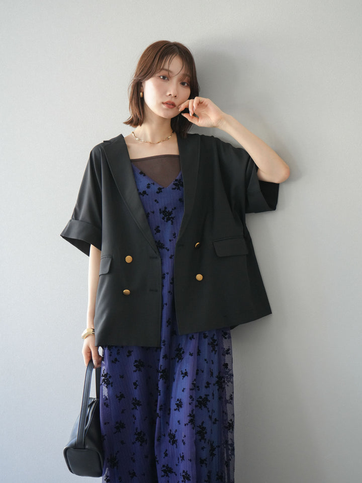 [套裝] 植絨薄紗層疊天鵝絨吊帶連身裙 + 金色紐帶半夾克 (2 套)