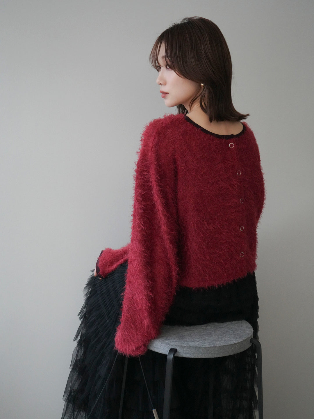 [予約]バイカラー2WAYシャギーニットカーディガン/red