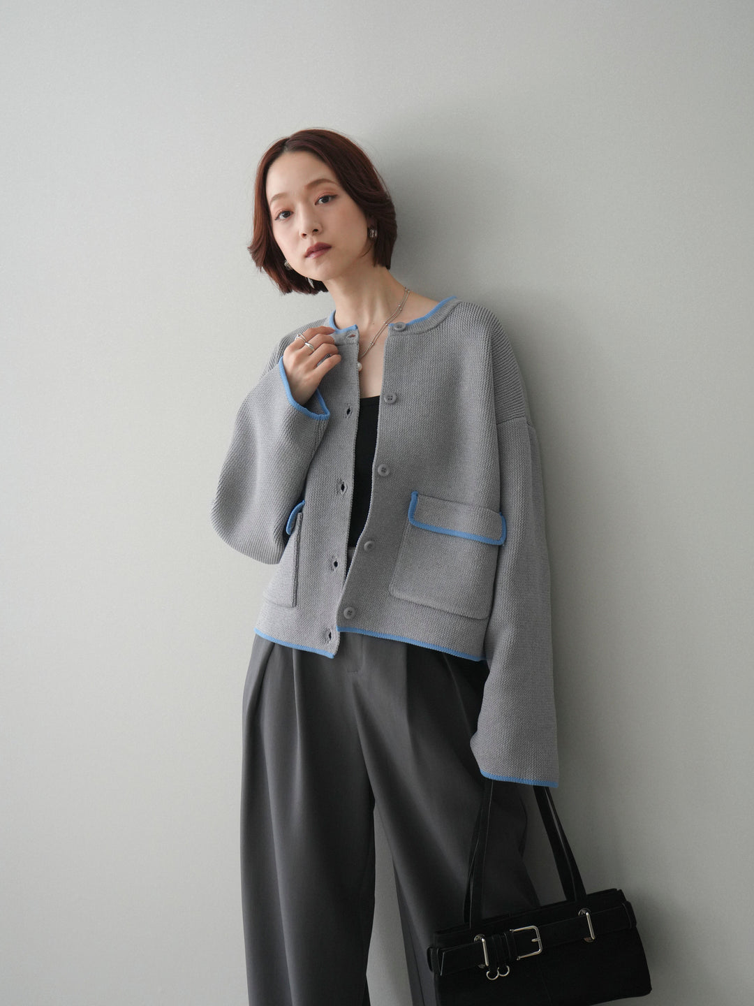 [SET]ポリエステル配色ニットカーディガン+ウエストレースタックワイドパンツ(2set)