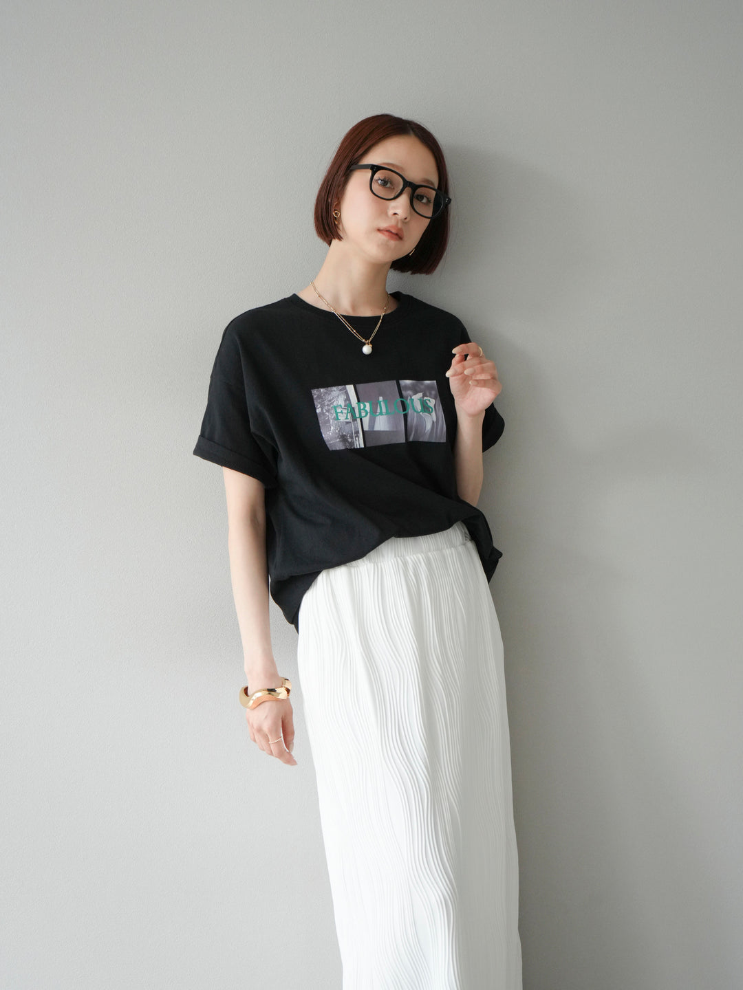 [SET]ネオンロゴコラージュフォトプリントオーバーTシャツ+ウェーブパイピングタイトスカート(2set)