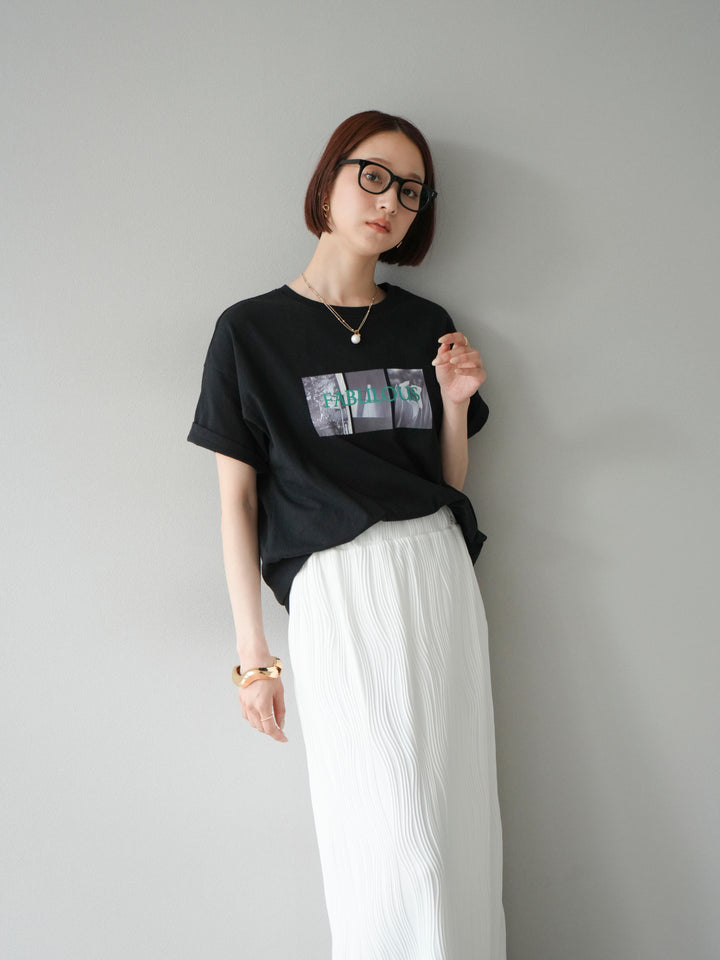 [SET]ネオンロゴコラージュフォトプリントオーバーTシャツ+ウェーブパイピングタイトスカート(2set)