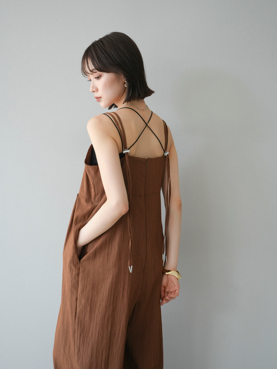 [SET]リネンライクビスチェデザインサロペット+ダブルストラップカットリブブラキャミソール(2set)