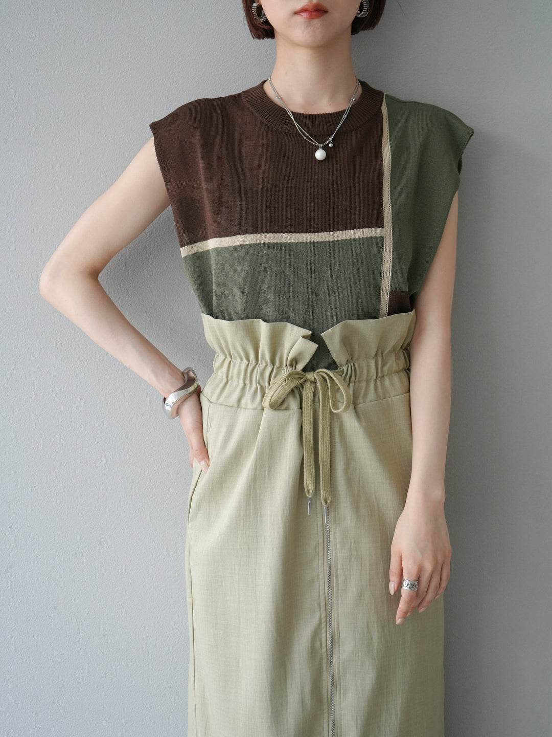 [予約]配色ノースリーブニットプルオーバー/ブラウン