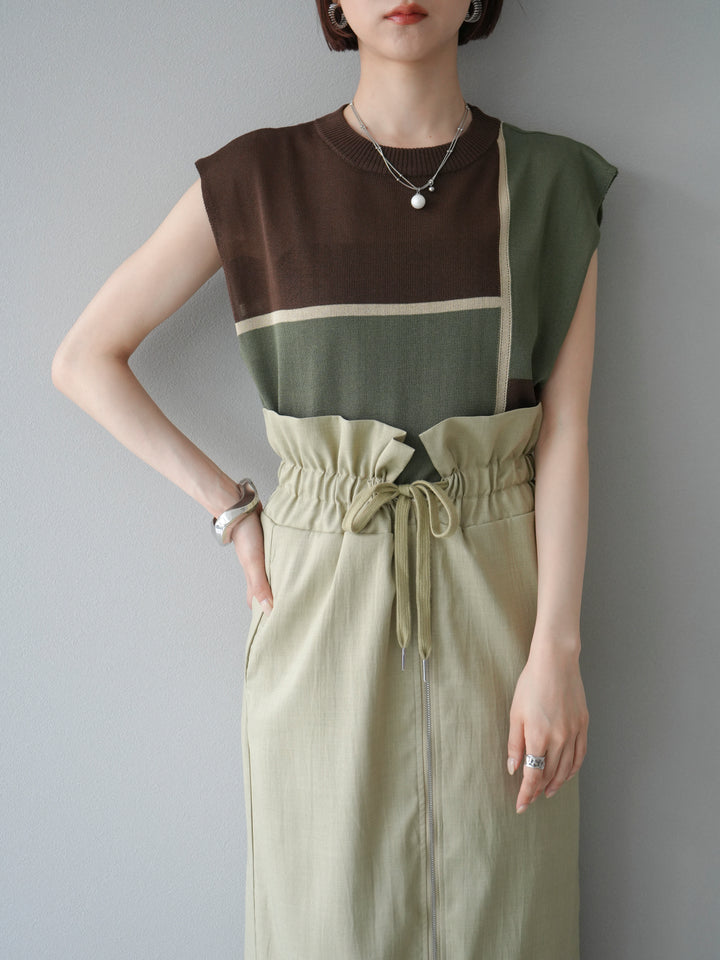 [予約]配色ノースリーブニットプルオーバー/ブラウン