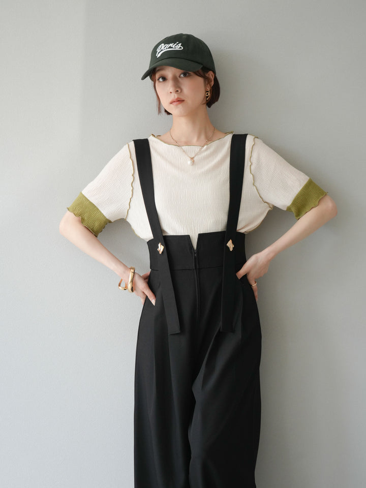 [SET]プリーツ配色ボートネックプルオーバー+ゴールドボタンサスペンダーワイドパンツ(2set)