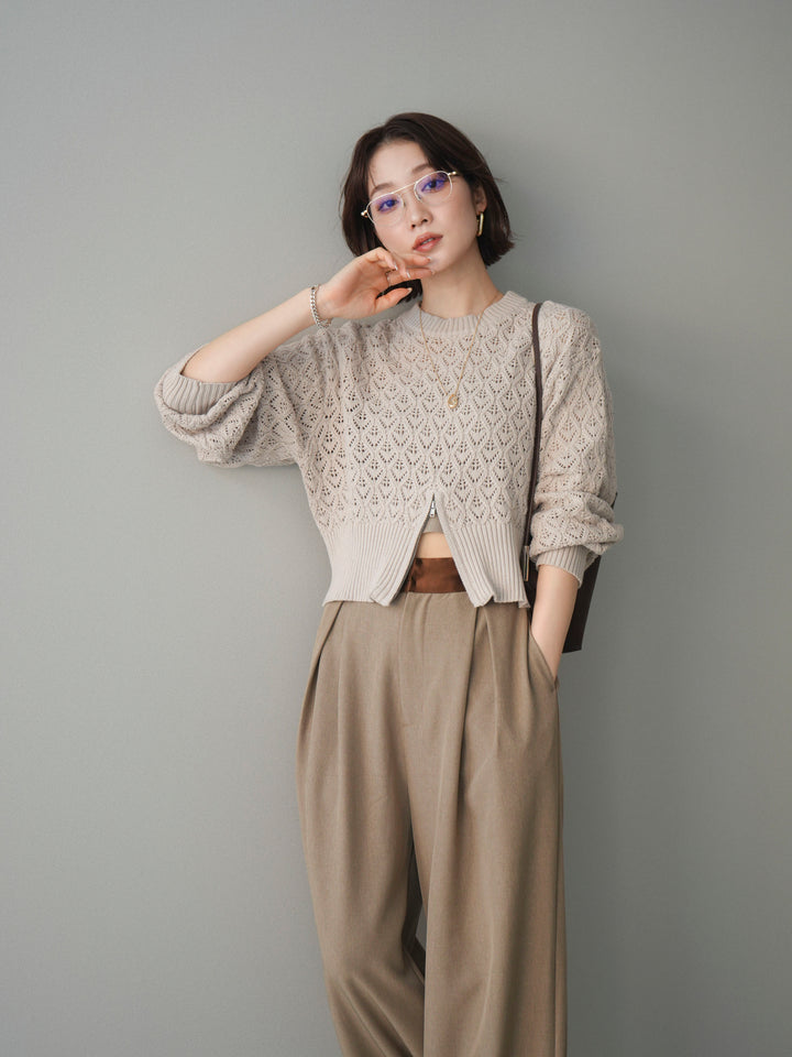 [予約]透かし編みフロントジップスリットニットプルオーバー/lightbeige