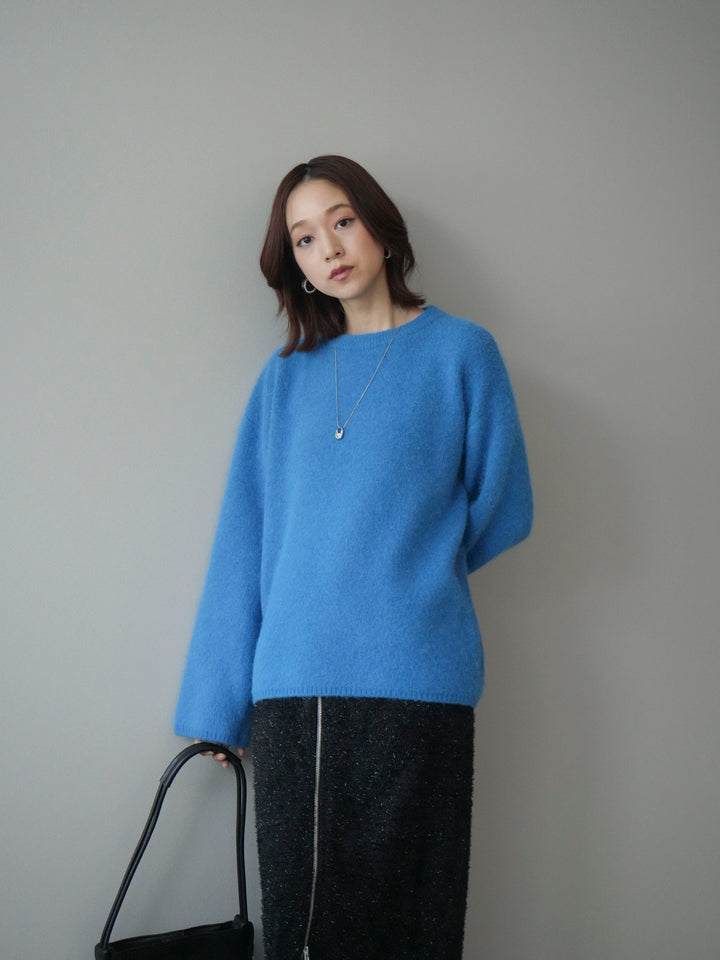 [SET]アンゴラタッチクルーネックニットプルオーバー+ラメシャギーフロントジップスカート(2set)