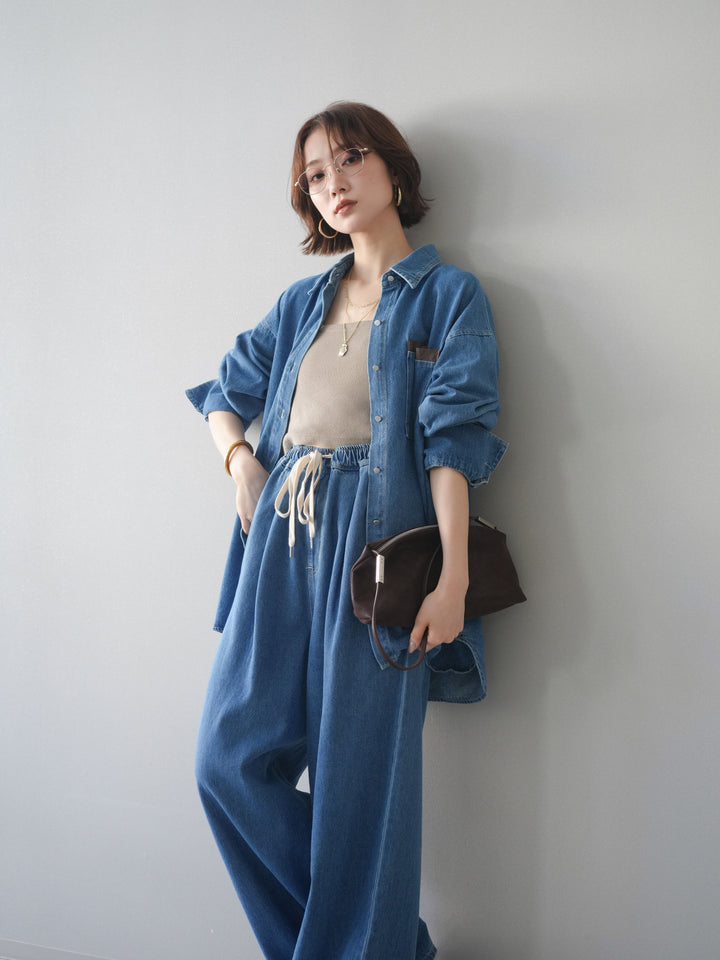 [SET]ポイントレザーオーバーデニムシャツ+ドロストワイドデニムパンツ(2set)