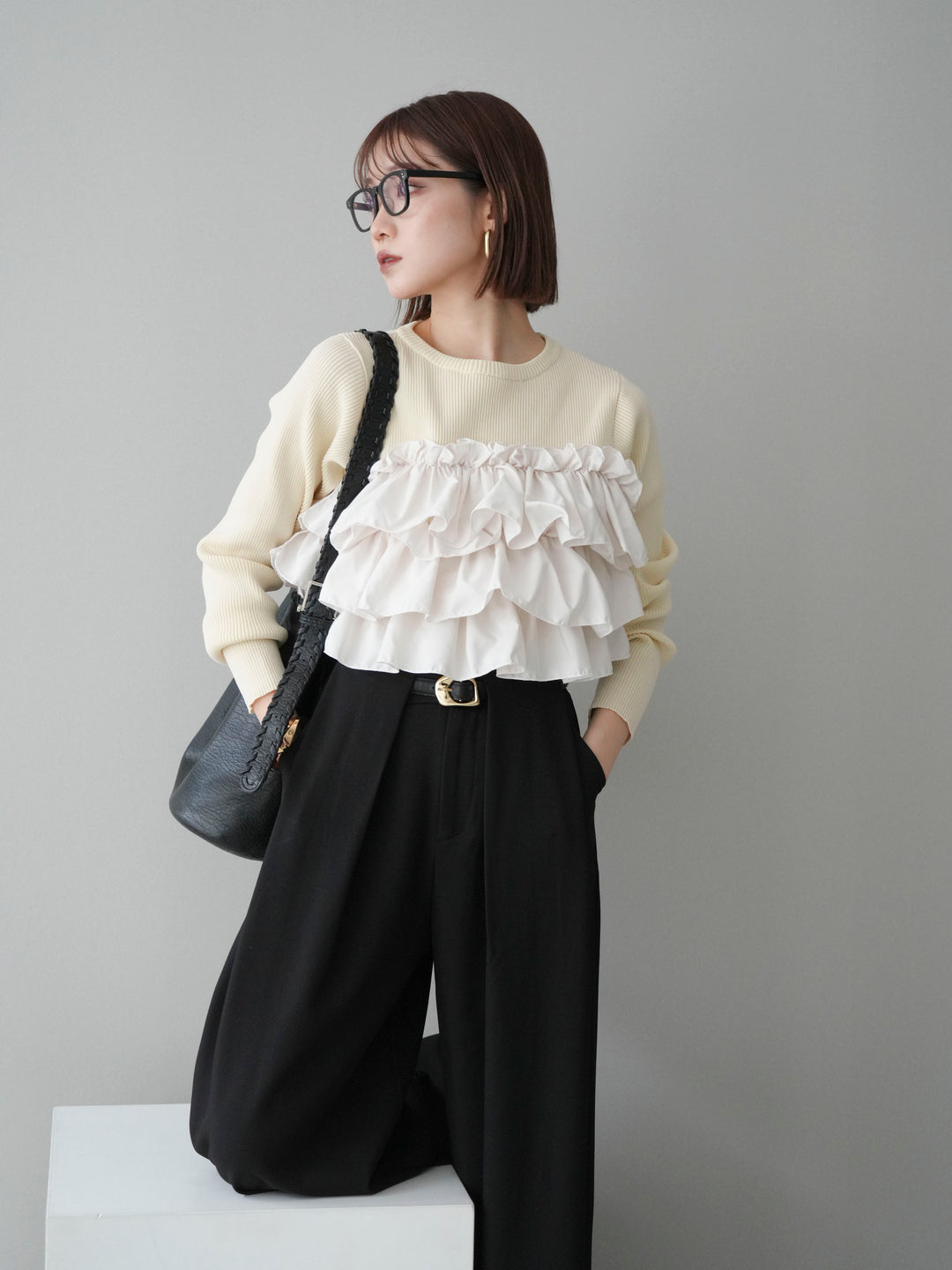 [SET]フリルビスチェドッキングスポンジニットプルオーバー+ストーンフォークリング(2set)