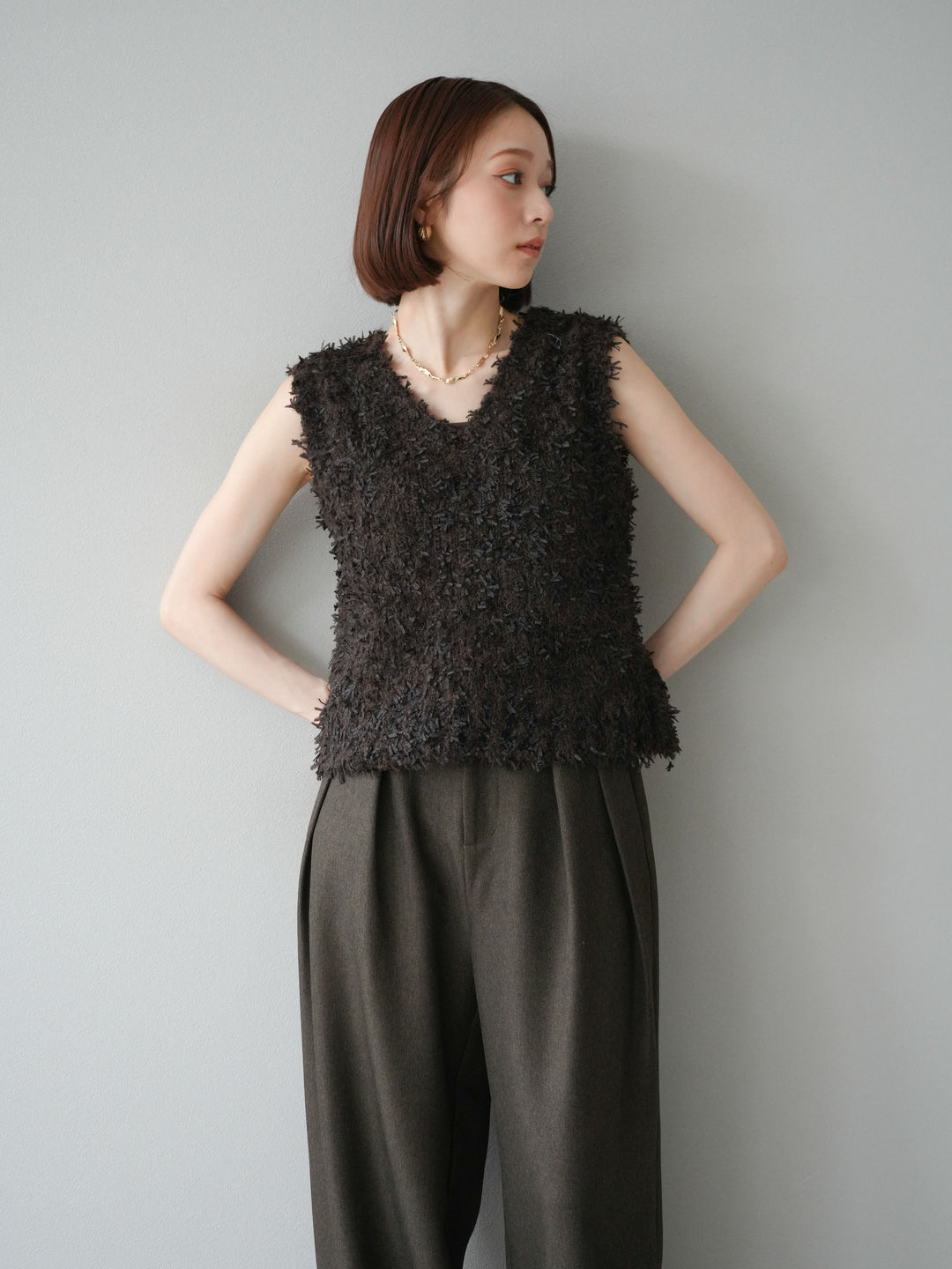 [予約]テープヤーンフリンジニットベスト/ブラウン