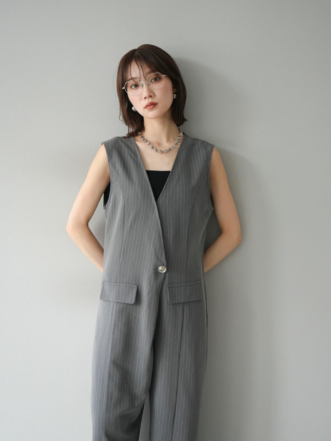 [予約]ストライプラップデザインオールインワン/グレー