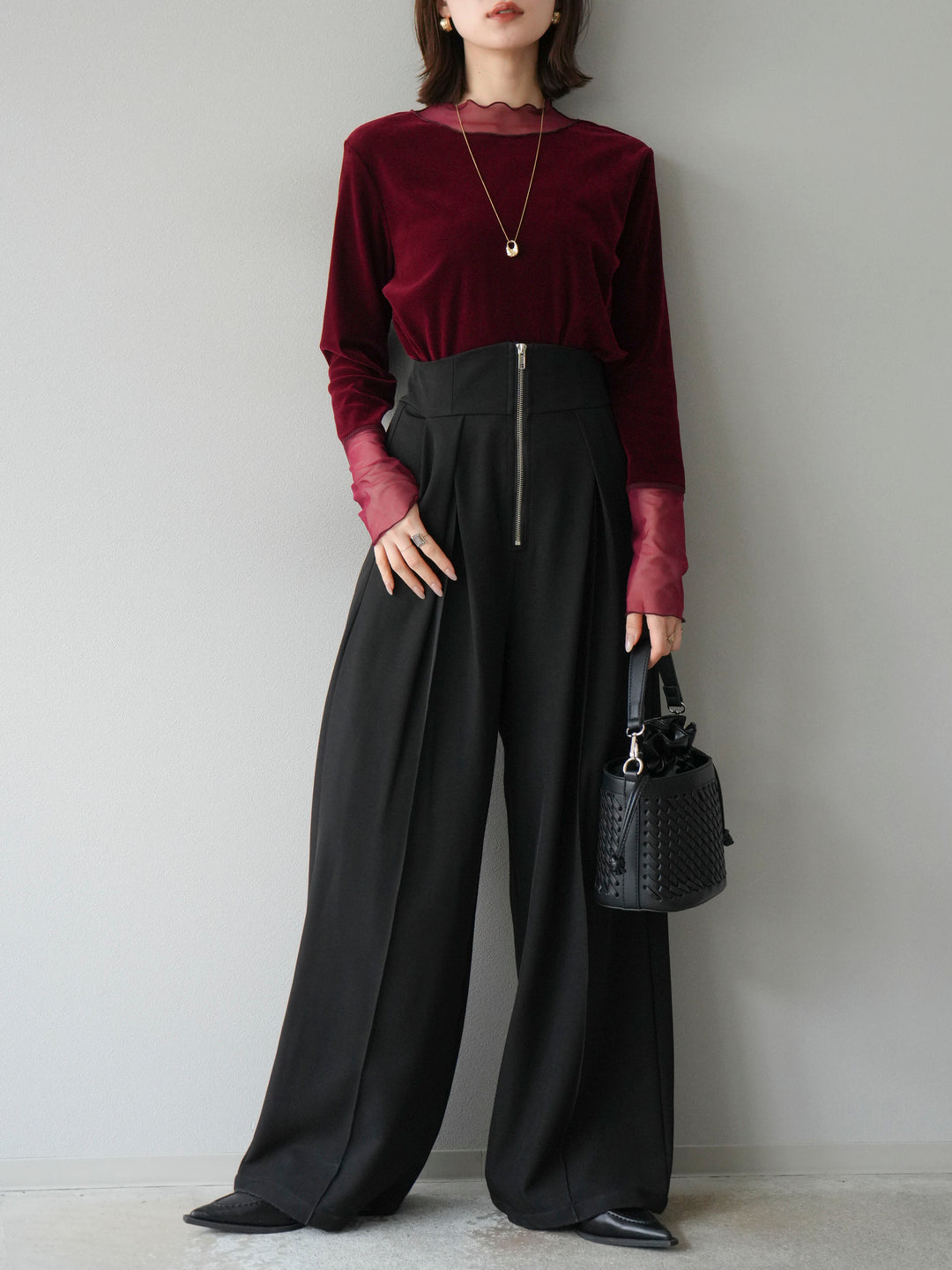 [預購] 薄紗天鵝絨上衣/酒紅色