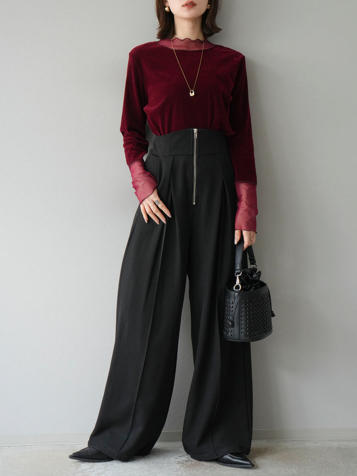 [預購] 薄紗天鵝絨上衣/酒紅色