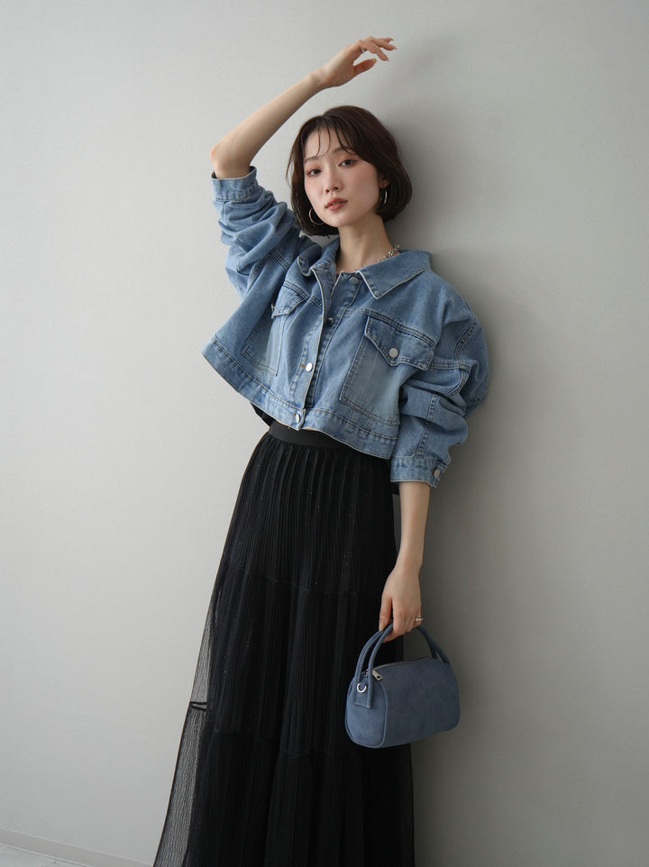 [SET]デニムショートシャツジャケット+ラメプリーツレイヤードチュールロングスカート(2set)