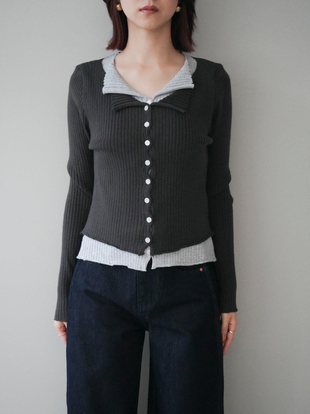 [予約]配色レイヤードリブニットカーディガン/charcoal