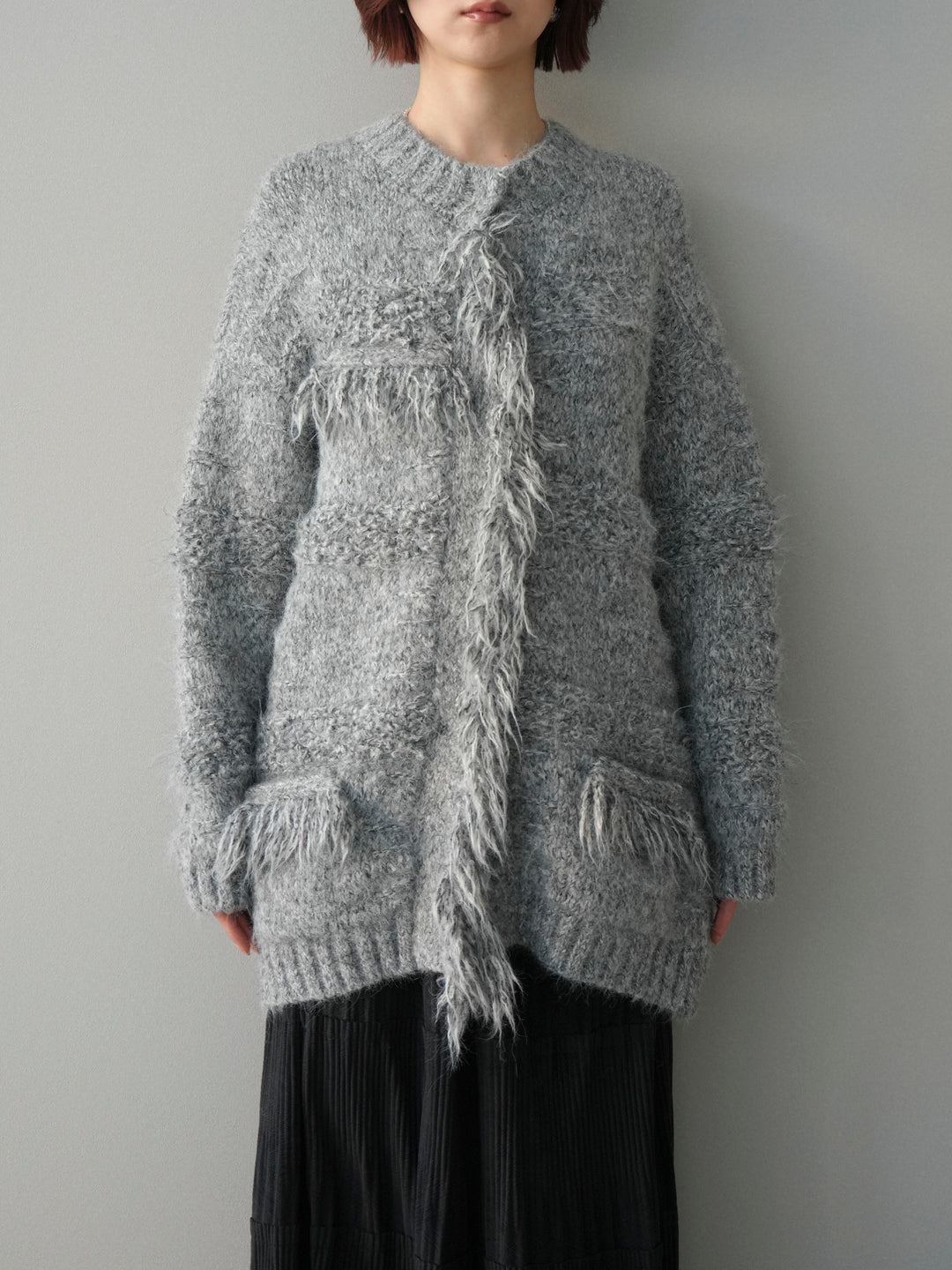 [予約]ミックスヤーンフリンジデザインニットジャケット/gray