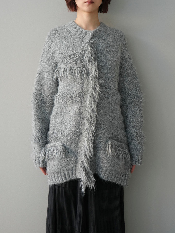 [予約]ミックスヤーンフリンジデザインニットジャケット/gray