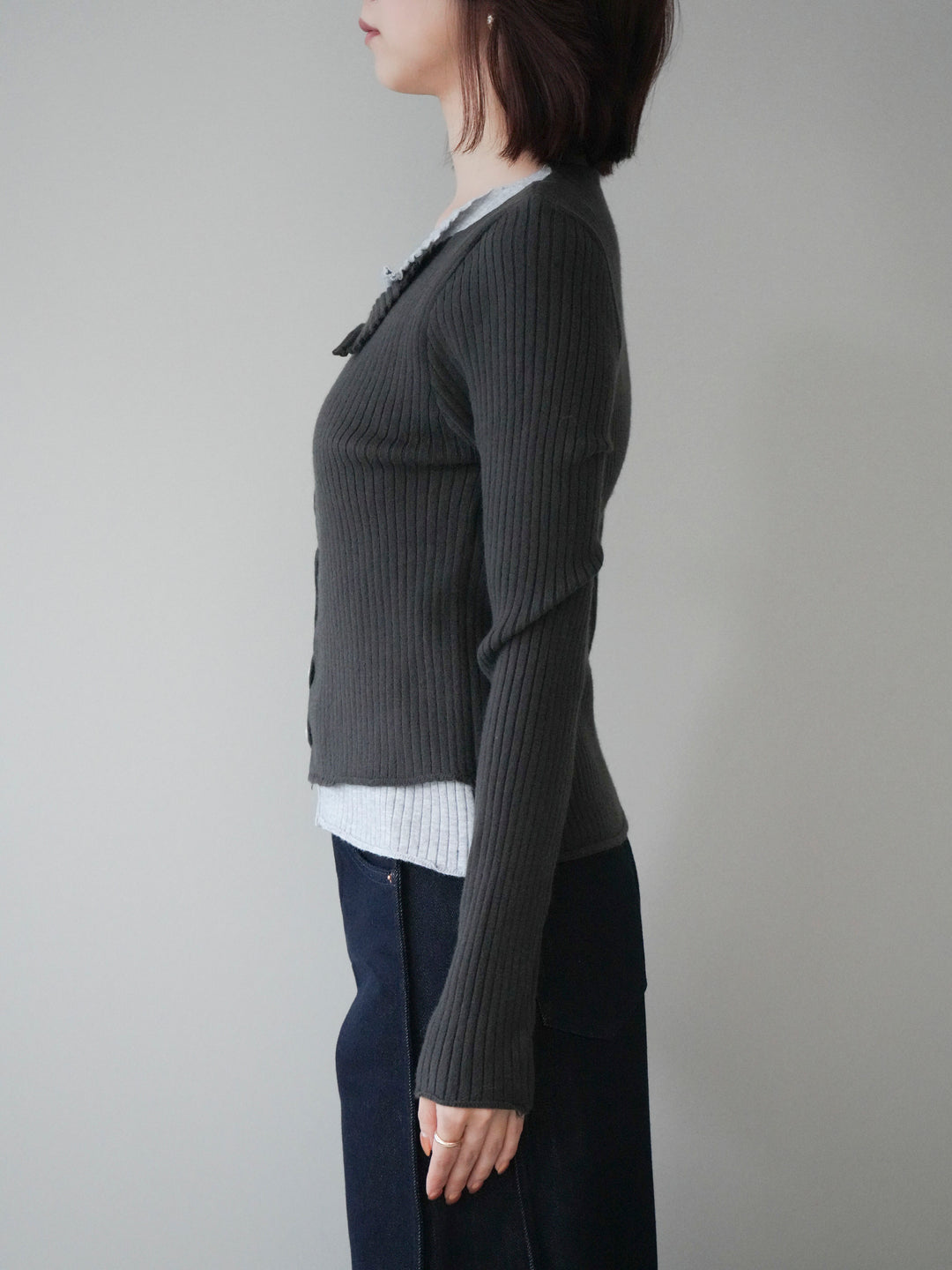 [予約]配色レイヤードリブニットカーディガン/charcoal