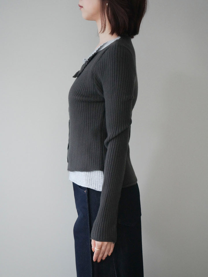 [予約]配色レイヤードリブニットカーディガン/charcoal