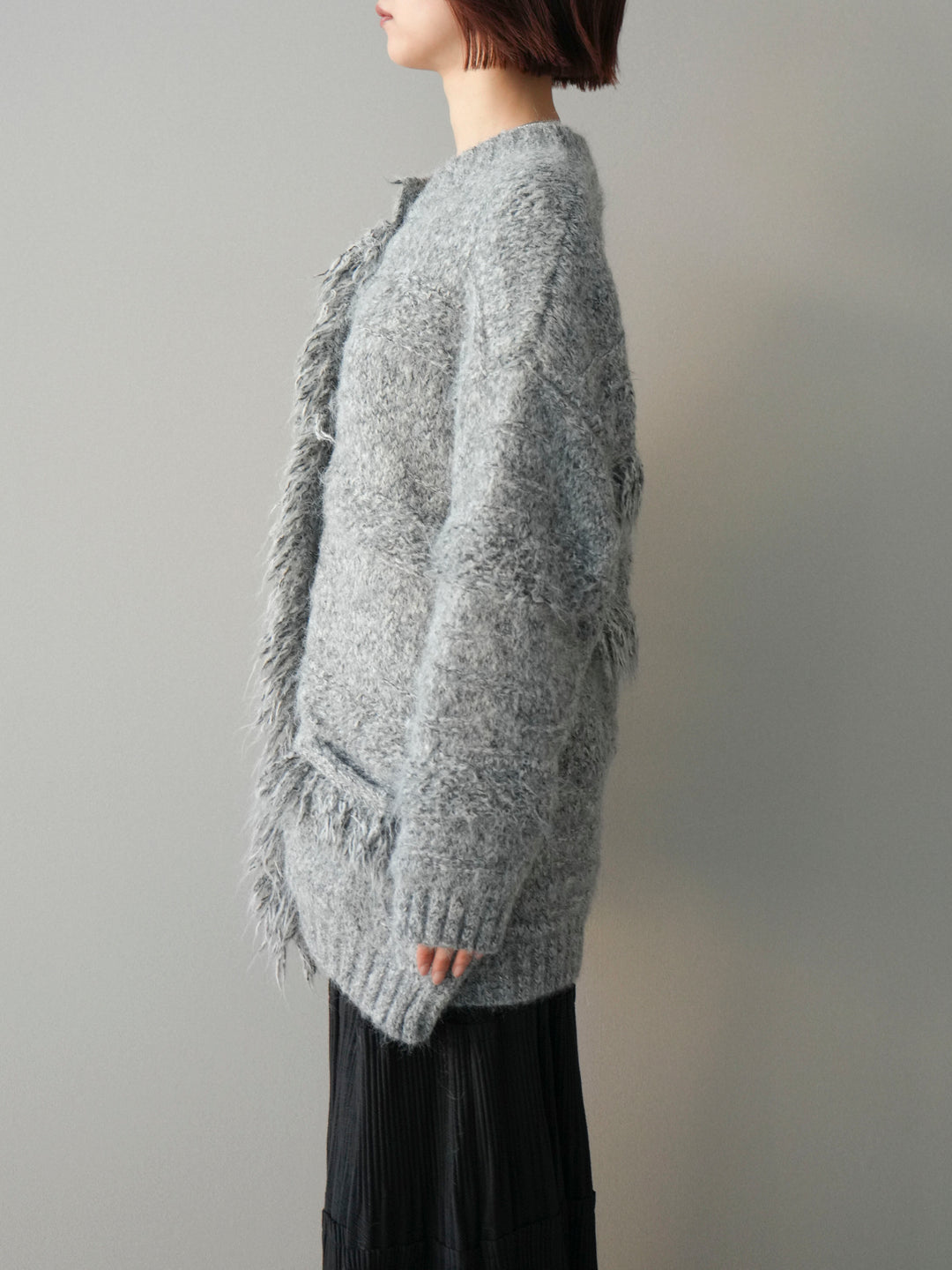 [予約]ミックスヤーンフリンジデザインニットジャケット/gray
