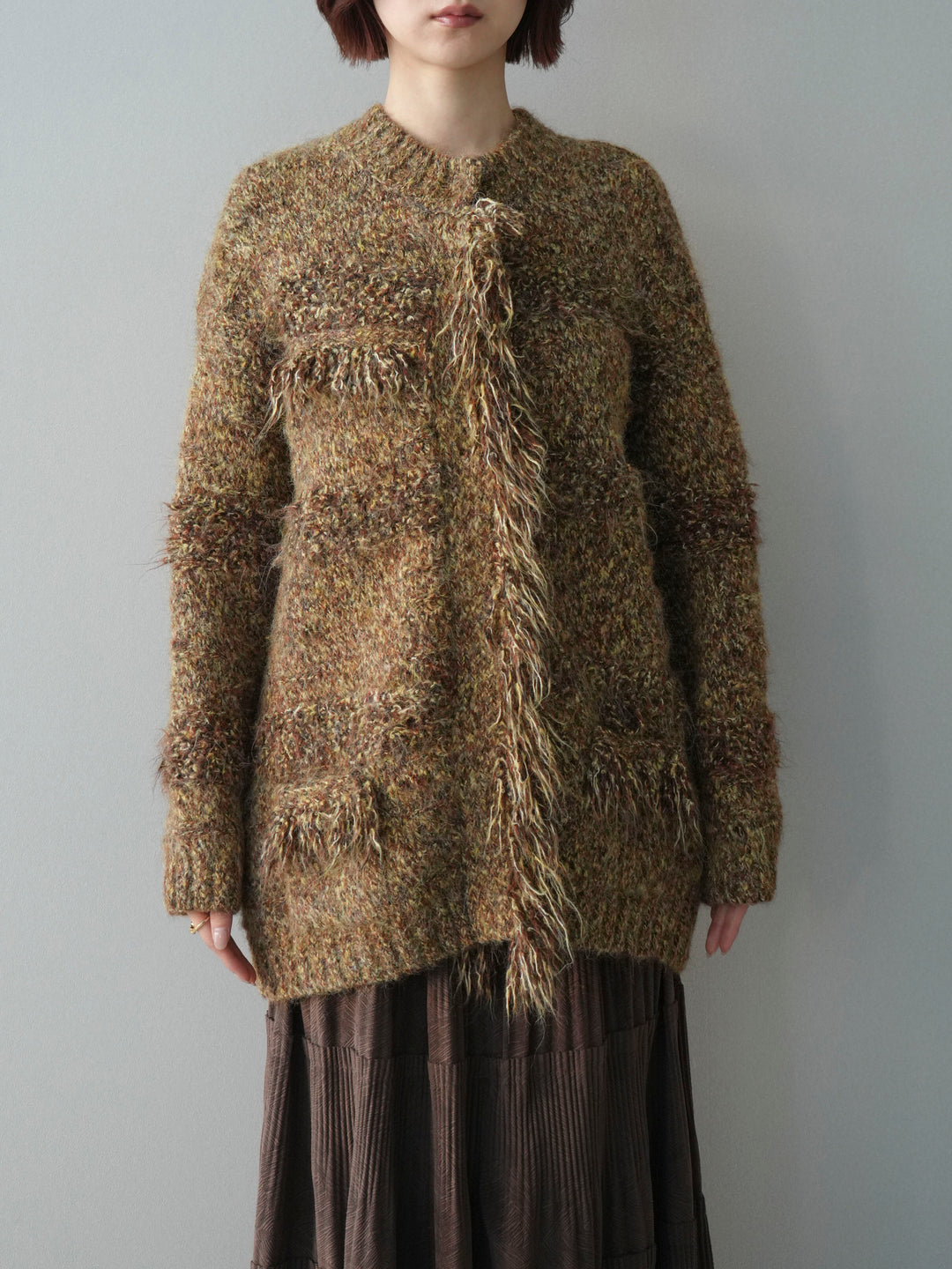 [予約]ミックスヤーンフリンジデザインニットジャケット/brown