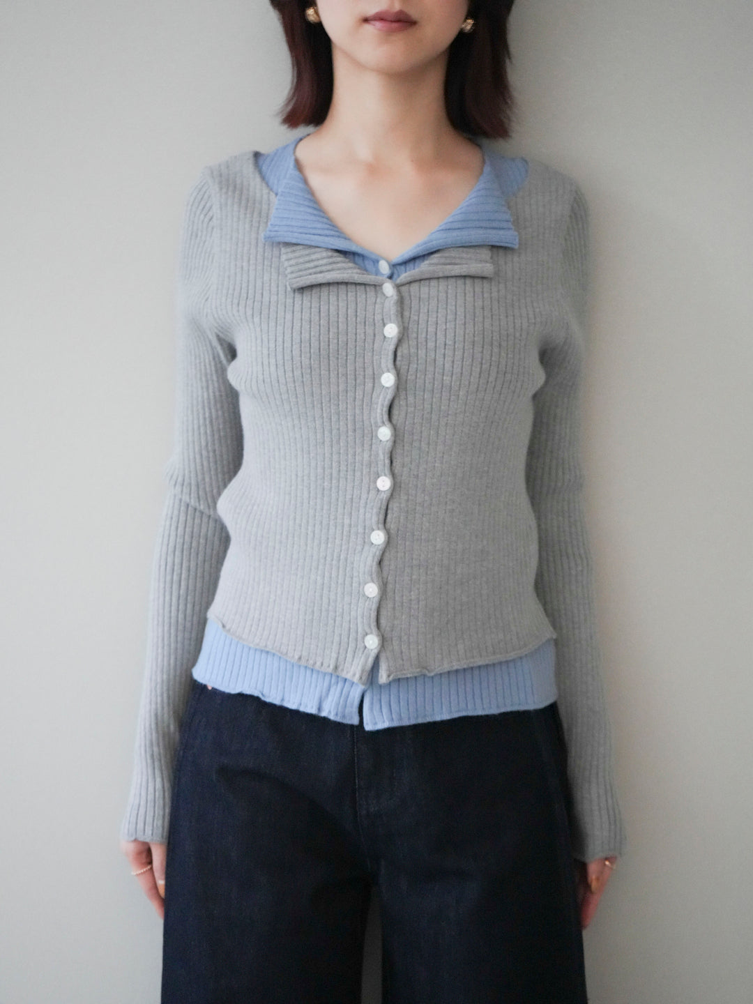 [予約]配色レイヤードリブニットカーディガン/gray