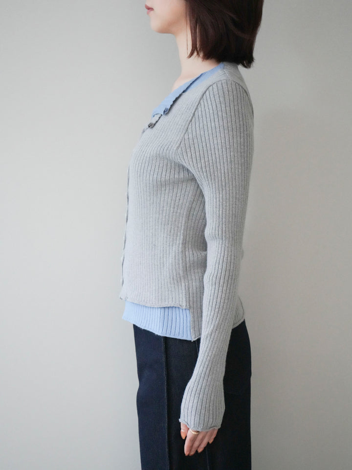 [予約]配色レイヤードリブニットカーディガン/gray
