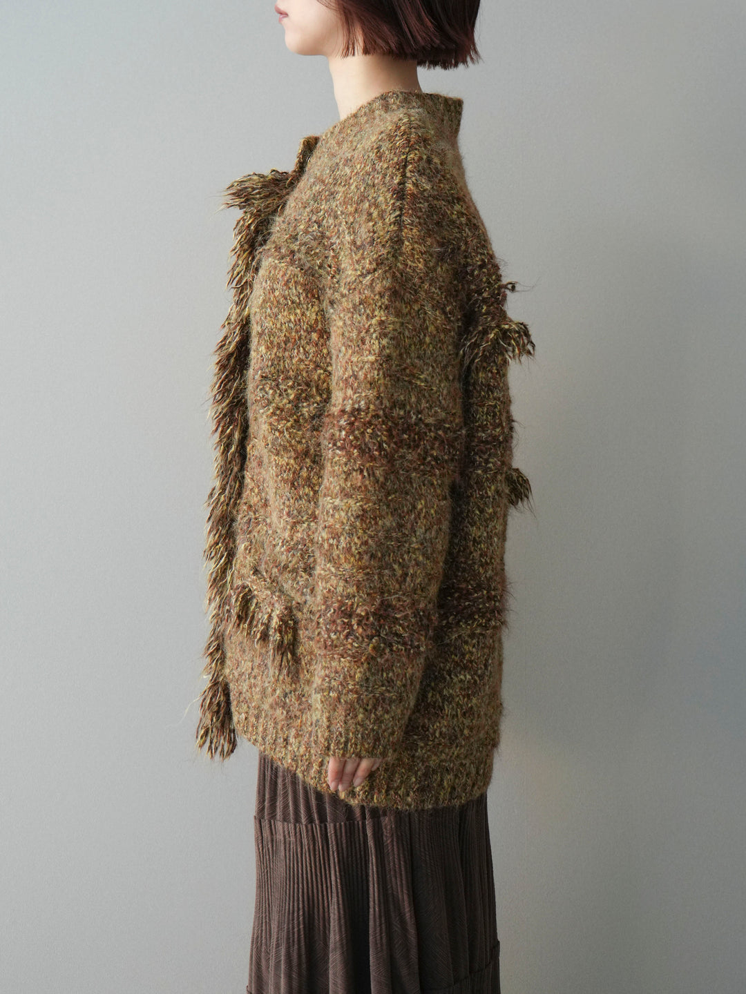 [予約]ミックスヤーンフリンジデザインニットジャケット/brown