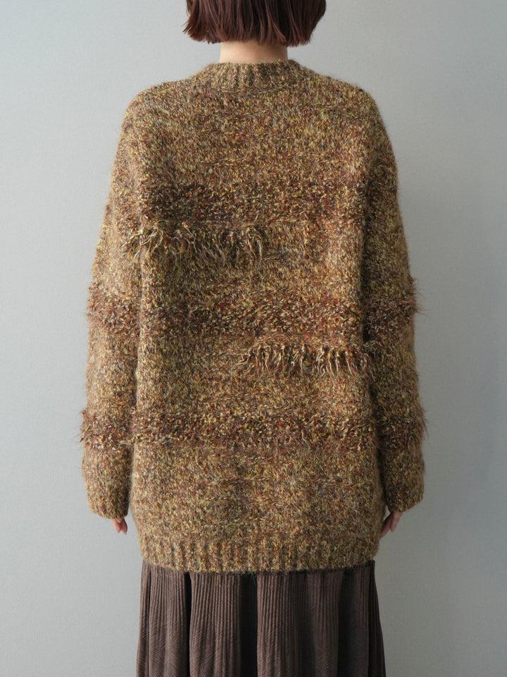 [予約]ミックスヤーンフリンジデザインニットジャケット/brown