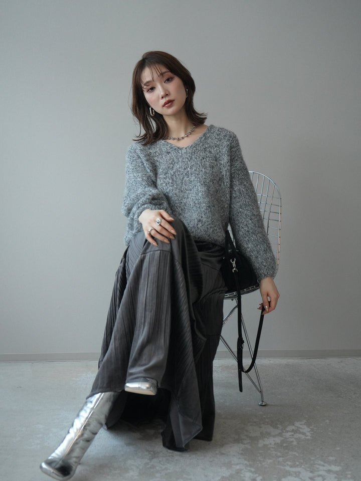 [予約]Vネックミックスヤーンニットプルオーバー/gray