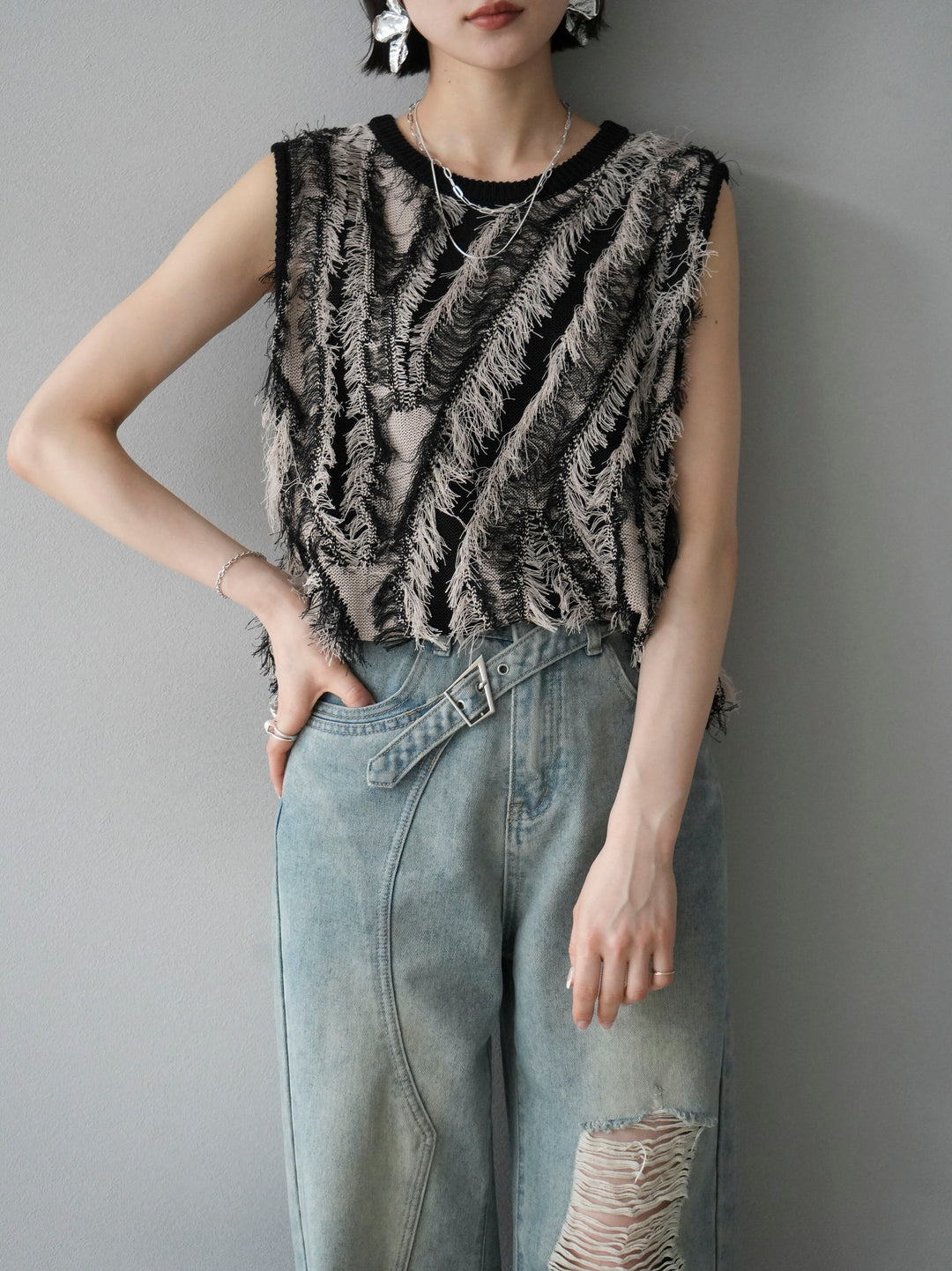 [Pre-order] Mixed fringe knit top/mix