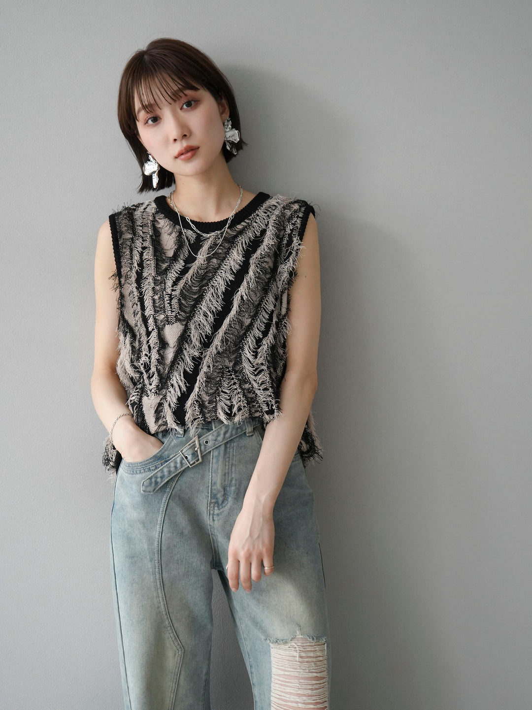 [Pre-order] Mixed fringe knit top/mix