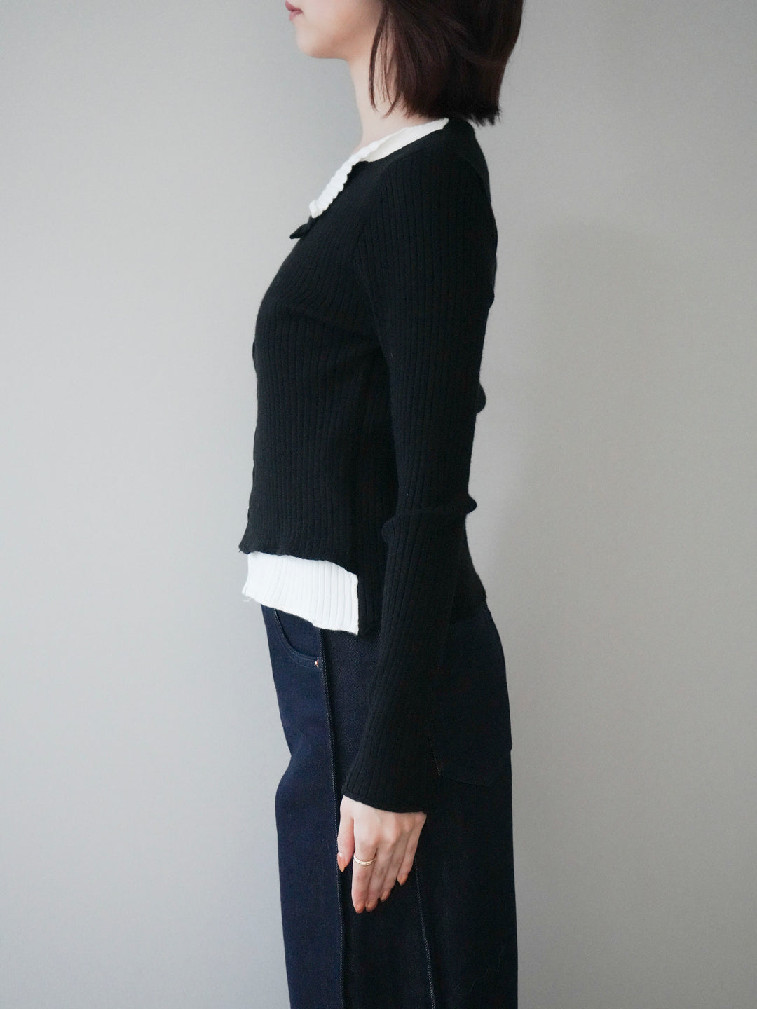 [予約]配色レイヤードリブニットカーディガン/black