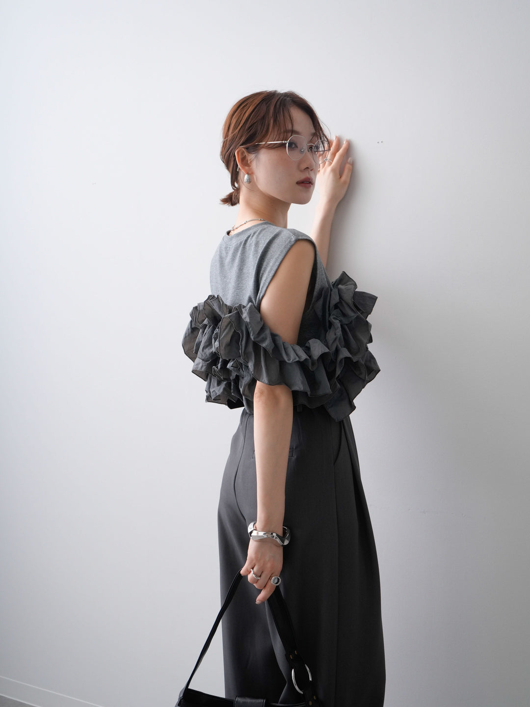 [SET]フリルドッキングノースリカットソー+ベルトループデザインワイドパンツ(2set)