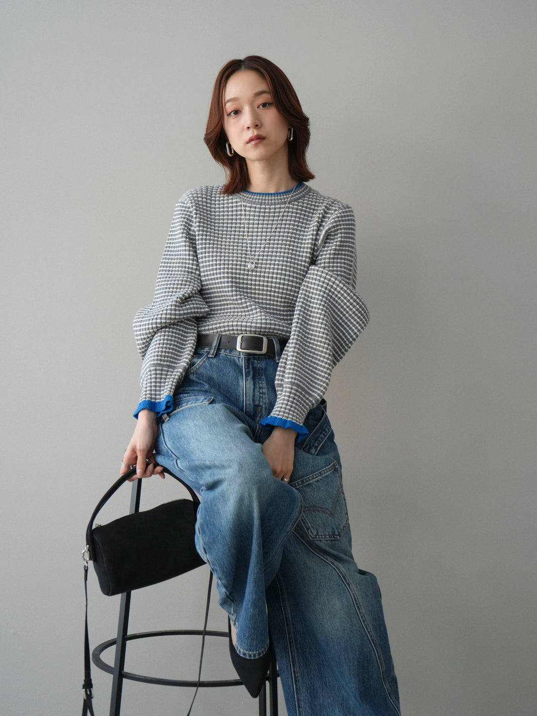 [SET]ラメ異素材ボーダーリブニットプルオーバー+ペインターカーブデニムパンツ(2set)